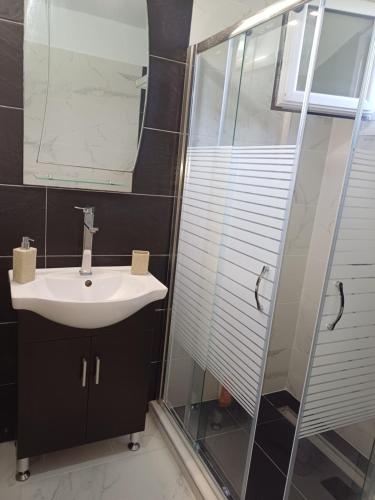 a bathroom with a sink and a glass shower at G.Tzanis Luxury Apartments in Parga