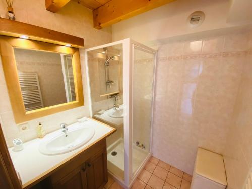 une salle de bain avec un lavabo et une douche dans l'établissement Duplex chaleureux près du Grand Massif Express avec balcon et garage privé - FR-1-624-33, à Samoëns