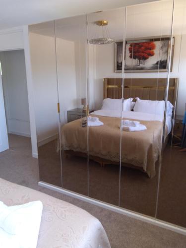 Schlafzimmer mit einem Bett und einer Glaswand in der Unterkunft Hill's View in Barnstaple