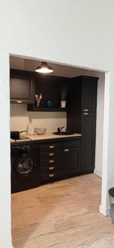 - une cuisine avec des placards noirs, un évier et une cuisinière dans l'établissement Chez Julie, triplex centre historique, à Béziers