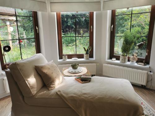 a bedroom with a bed with a table and windows at Gartenwohnung Paulsdorf in Dippoldiswalde