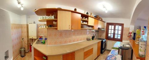 a kitchen with wooden cabinets and a counter top at Amandra Chalet in Sinaia