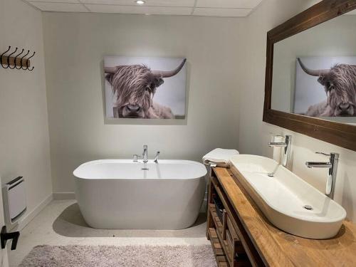 a bathroom with a tub and a bull picture on the wall at Chalet avec Spa Baskatong in Mont-Laurier
