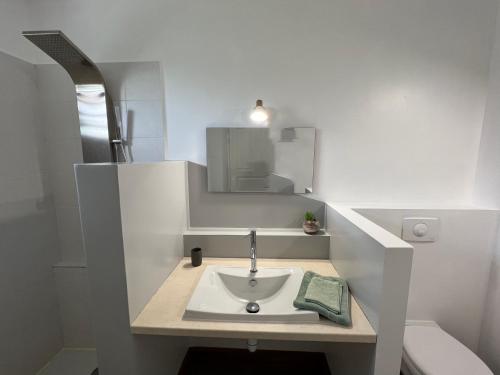 La salle de bains blanche est pourvue d'un lavabo et de toilettes. dans l'établissement Appartement Bois Banane, à Lamentin