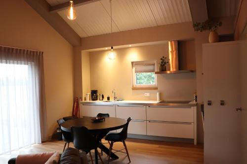 a kitchen with a table and chairs in a room at Het vrije uitzicht Giethoorn in Giethoorn