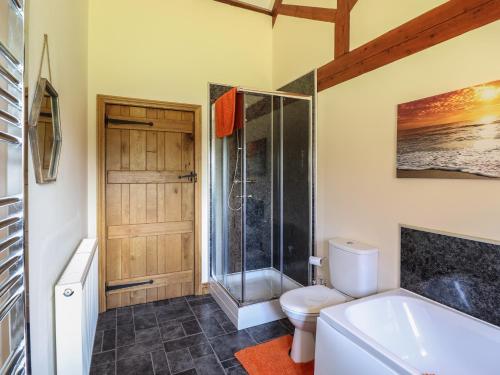 a bathroom with a shower and a toilet and a sink at Ysgubor Fachwen in Newtown