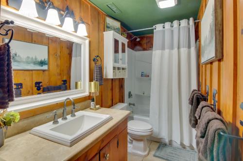 La salle de bains est pourvue d'un lavabo, de toilettes et d'une douche. dans l'établissement Cabin in Lake Lure Near Chimney Rock and Asheville!, à Lake Lure