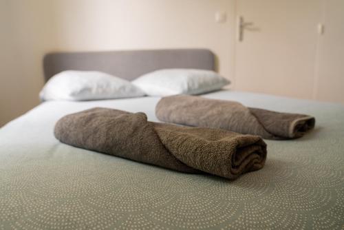 - deux serviettes de toilette sur un lit dans l'établissement Lovely studio 600 m Arkéa Arena, à Floirac