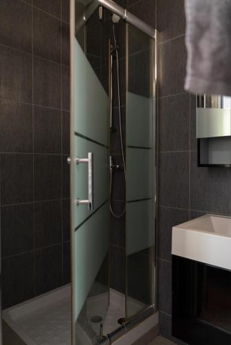 une douche avec une porte vitrée à côté d'un lavabo dans l'établissement Lovely studio 600 m Arkéa Arena, à Floirac