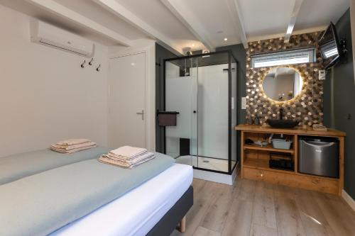 een slaapkamer met een bed, een spiegel en een televisie bij Bed & Bike Schoudieck in Den Burg