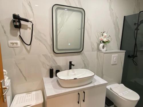 a bathroom with a sink and a mirror and a toilet at Laurus Makarska Accommodation in Makarska