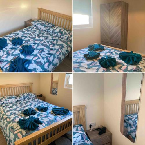 three pictures of a bed in a room at Caban Croeso-The Welcome Cabin, Holiday let, near Mansion House Llansteffan in Llanstephan
