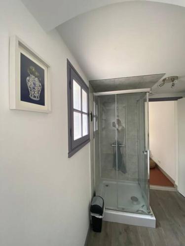 a bathroom with a glass shower in a room at Le Nî’ De Jess in Migennes
