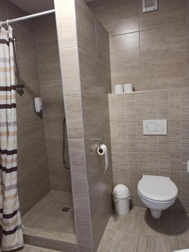 La salle de bains est pourvue d'une douche et de toilettes. dans l'établissement Za Humnama, à Hlohovec