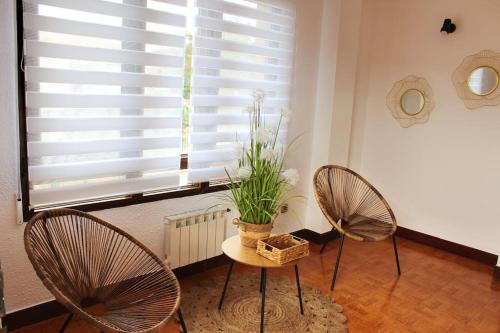 Zimmer mit 2 Stühlen und einem Tisch mit Pflanze in der Unterkunft Casa vacacional Ajo in Ajo