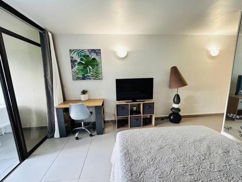 a bedroom with a bed and a desk and a television at Studio cosy plage et piscine à Bas Du Fort in Le Gosier