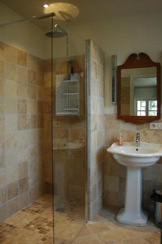 une salle de bain avec une douche en verre et un lavabo dans l'établissement Annapurna Bed & Breakfast, à Vaison-la-Romaine