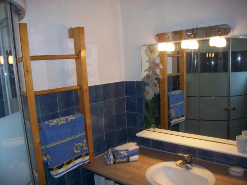 une salle de bain avec un lavabo et un miroir dans l'établissement GITE RURAL FINISTERE SUD ENTREE PRESQUI'LE CROZON, à Saint-Ségal