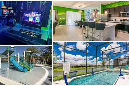 a collage of pictures of a resort with a pool at ☀️12BR Disney Villa Paradise w/ Game Room & Pool/Spa☀️ in Kissimmee