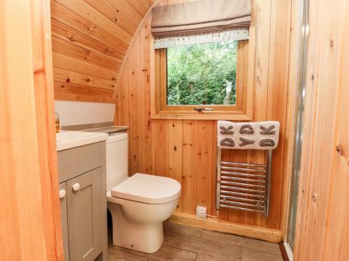 a bathroom with a toilet and a sink and a window at Homewood Pod in Preston