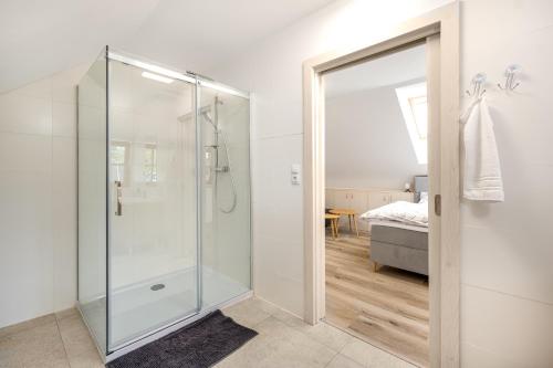 La salle de bains est pourvue d'une douche avec une porte en verre. dans l'établissement Chalupa ODDECH, à Lipno nad Vltavou