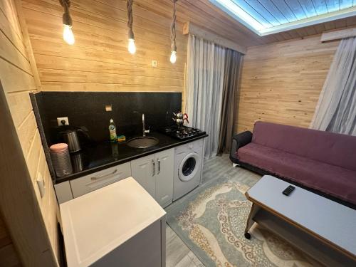 a bathroom with a purple couch and a washing machine at Haros Suite Hotel in Uzungol