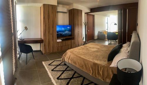 um quarto com uma cama, uma secretária e uma televisão em Moderno & Comodo Loft Quetzal em Mérida