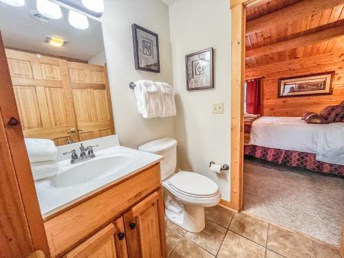 1 dormitorio y baño con lavabo y aseo. en Lake Access Dock Hot Tub Fire Pit Game Room More, en Swanton