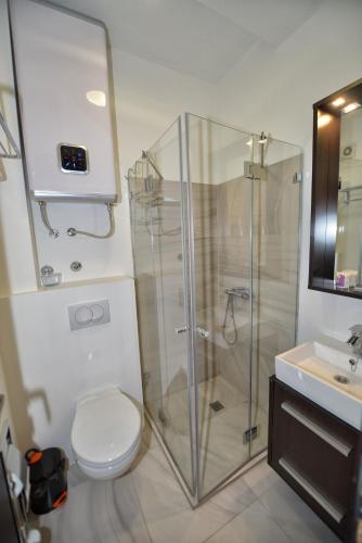 a bathroom with a shower and a toilet and a sink at Apartments Windrose in Kotor