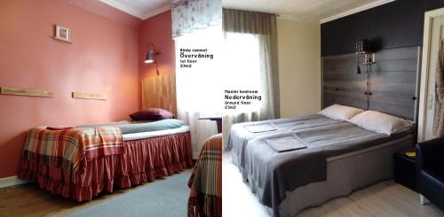 two beds in a room with pink walls at Ullaredsgården B&B Express in Ullared