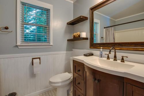 La salle de bains est pourvue d'un lavabo, de toilettes et d'un miroir. dans l'établissement Charming Temple Home Sunroom and Private Backyard!, 