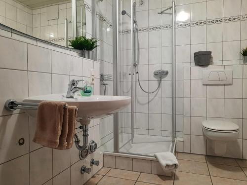 a bathroom with a sink and a shower and a toilet at Apartment In Spay Smile Zell-Merl Mosel in Zell an der Mosel
