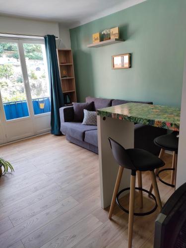 un salon avec un canapé et une table dans l'établissement Studio avec balcon à 7 min du port et de Garibaldi, à Nice