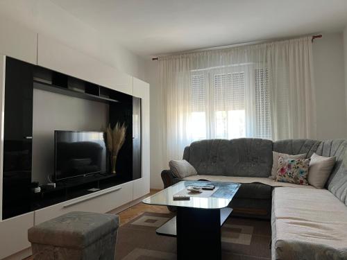 a living room with a couch and a tv at Apartman Čapljina in Čapljina