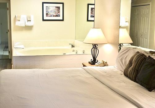 una camera con letto, vasca e lampada di River Place Condos #509 1BD, 2 Bath a Pigeon Forge