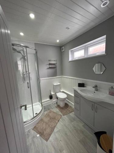 a bathroom with a shower and a toilet and a sink at Fresh & Spacious House in Rhyl