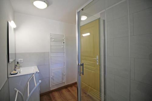 baño con ducha, lavabo y puerta de cristal en - les vieux fourneaux -, en Nantiat