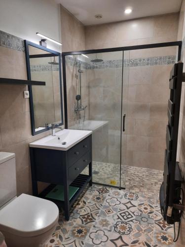 une salle de bain avec une douche, un lavabo et des toilettes dans l'établissement Gîte de Lussan, à Pleine-Selve