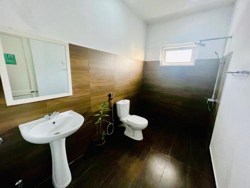 a bathroom with a sink and a toilet and a mirror at LOUIS LAKE VILLA in Kandy