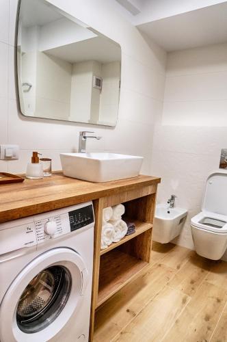 a bathroom with a washing machine and a sink at Apartament Kenya in Bacău