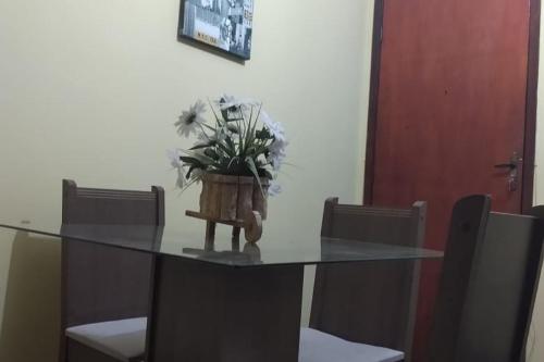 uma mesa de vidro com um vaso de planta em cima em Casa Guarus em Campos dos Goytacazes