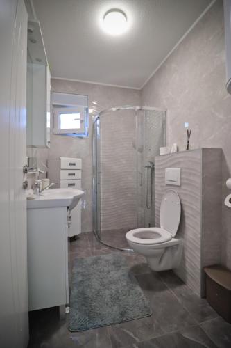 a bathroom with a shower and a toilet and a sink at Villa Lux in Bosanska Krupa