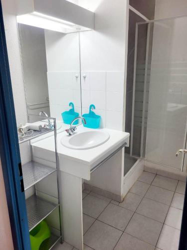 une salle de bain avec un lavabo blanc et un miroir dans l'établissement Gîte VILLA 34 Résidence Le Grand Bleu, à Vendres
