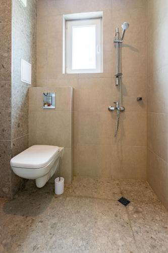 a bathroom with a toilet and a shower at Villa Lеvandi in Sinemorets