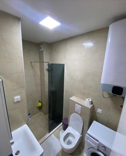 a bathroom with a shower and a toilet and a sink at Emma Lux Apartment in Dobra Voda