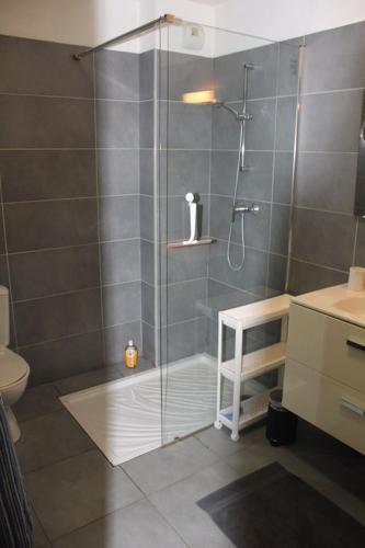 une douche avec une porte vitrée dans une salle de bain dans l'établissement 2 bedroom home with shared pool in lovely market town of Olonzac in wine region, à Olonzac