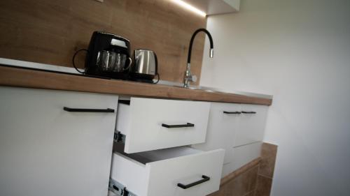 a kitchen with white cabinets and a sink at Studio apartment Villa Radovic in Strp
