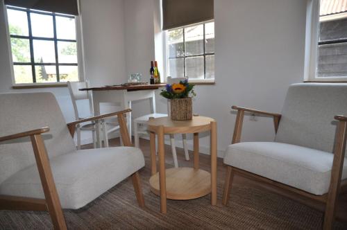 a waiting room with chairs and a table with a vase of flowers at Bed & Breakfast de Hoefstal in Noord-Sleen