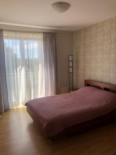 a bedroom with a bed and a large window at Vezas Apartment 3beds in Klaipėda