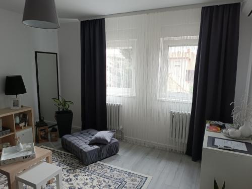 a living room with a couch and a window at Apartman Vervis Varaždin in Varaždin